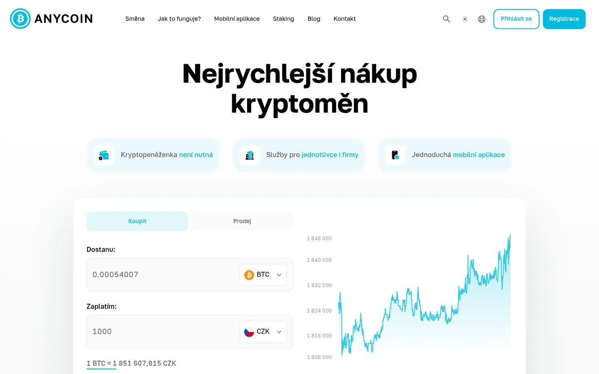 Domovská stránka Anycoin na počítači – koupě bitcoinu přes Anycoin