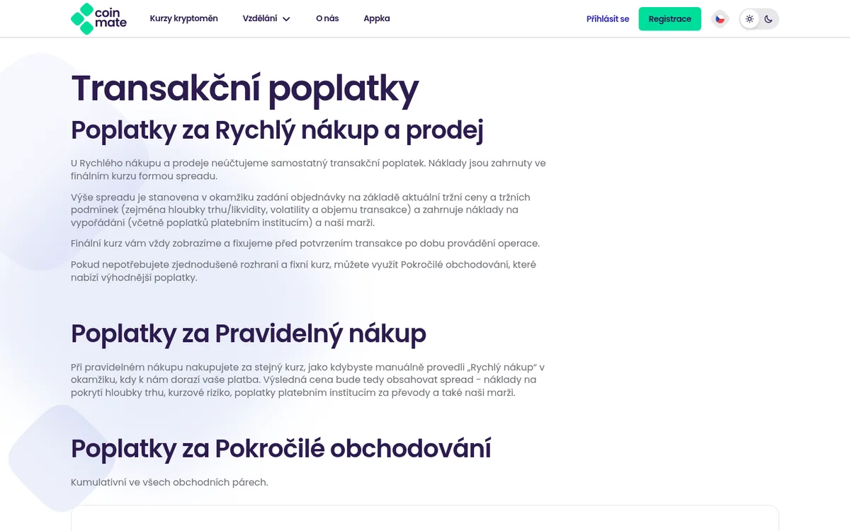 Stránka s poplatky Coinmate – koupě bitcoinu přes Coinmate