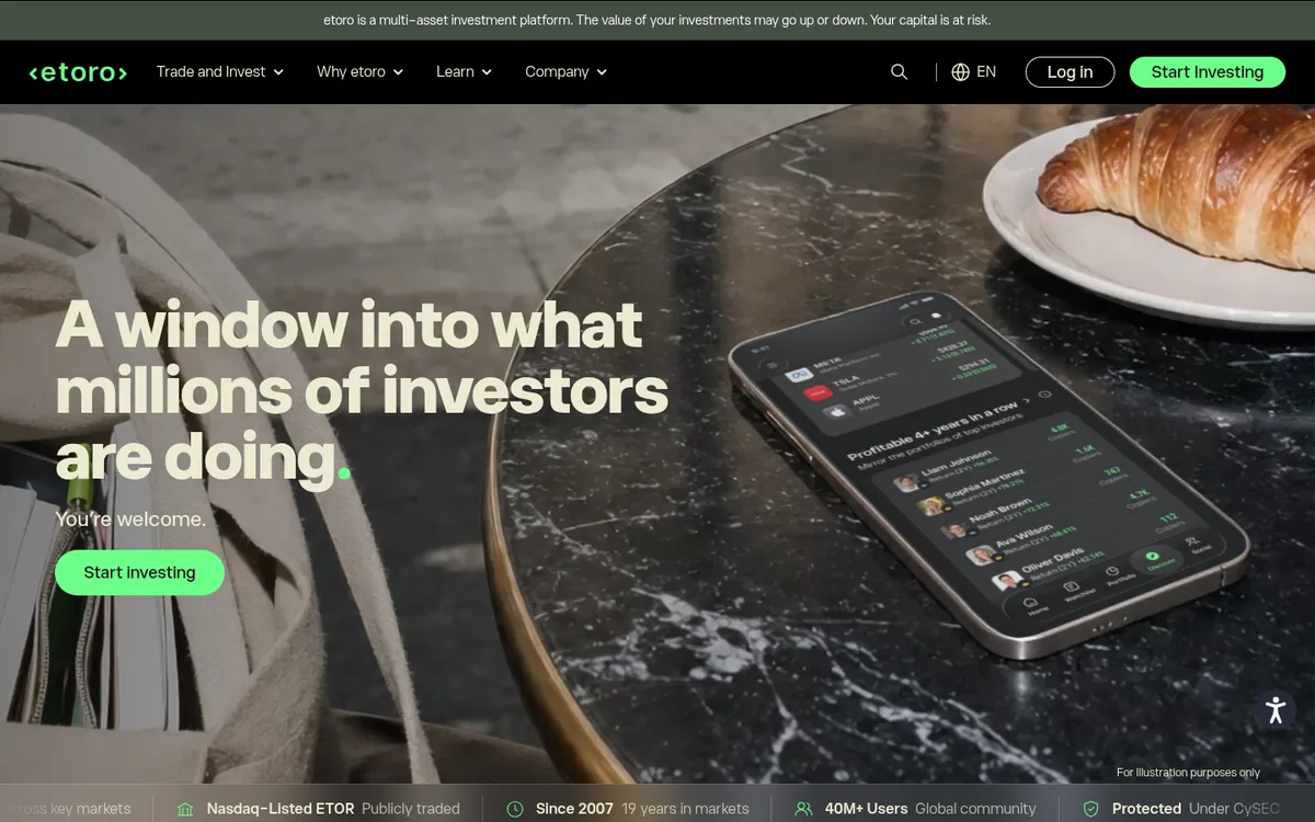 Domovská stránka eToro na počítači – koupě bitcoinu přes eToro